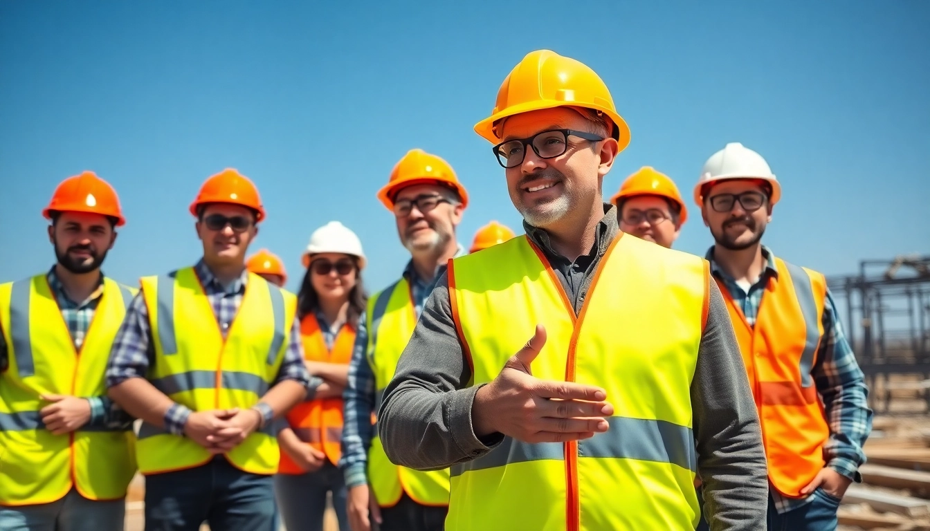 Construction safety training session with diverse workers demonstrating safety protocols.