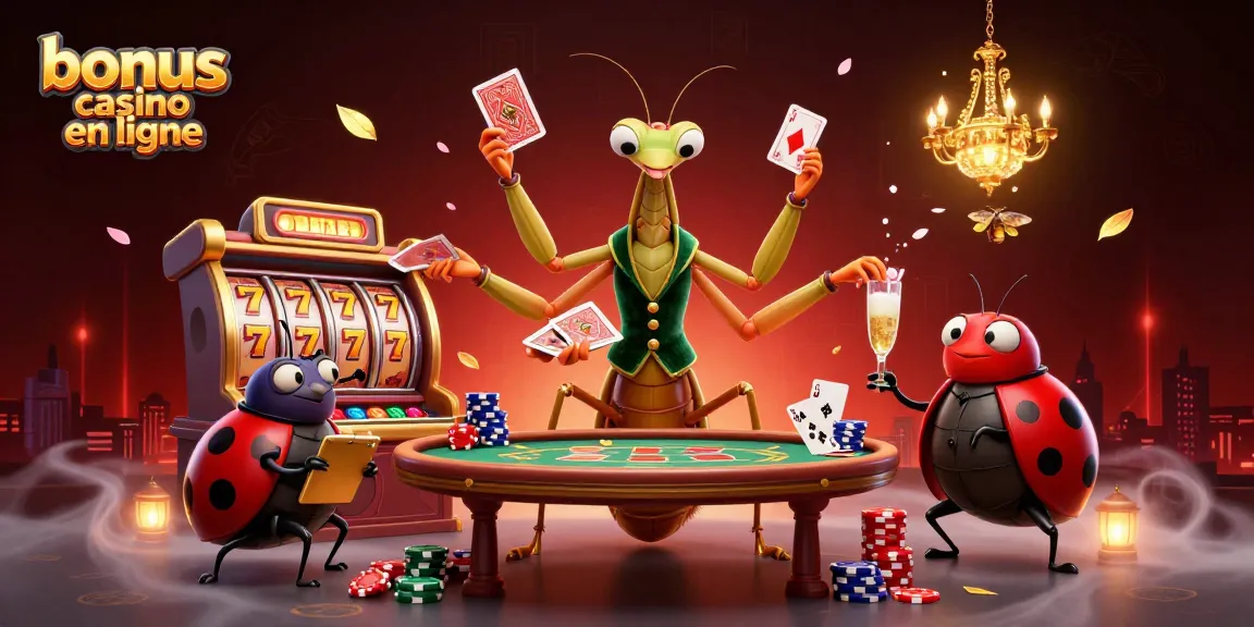 Illustration colorée d'un bonus casino en ligne avec un caméléon dealers et un tableau de poker.