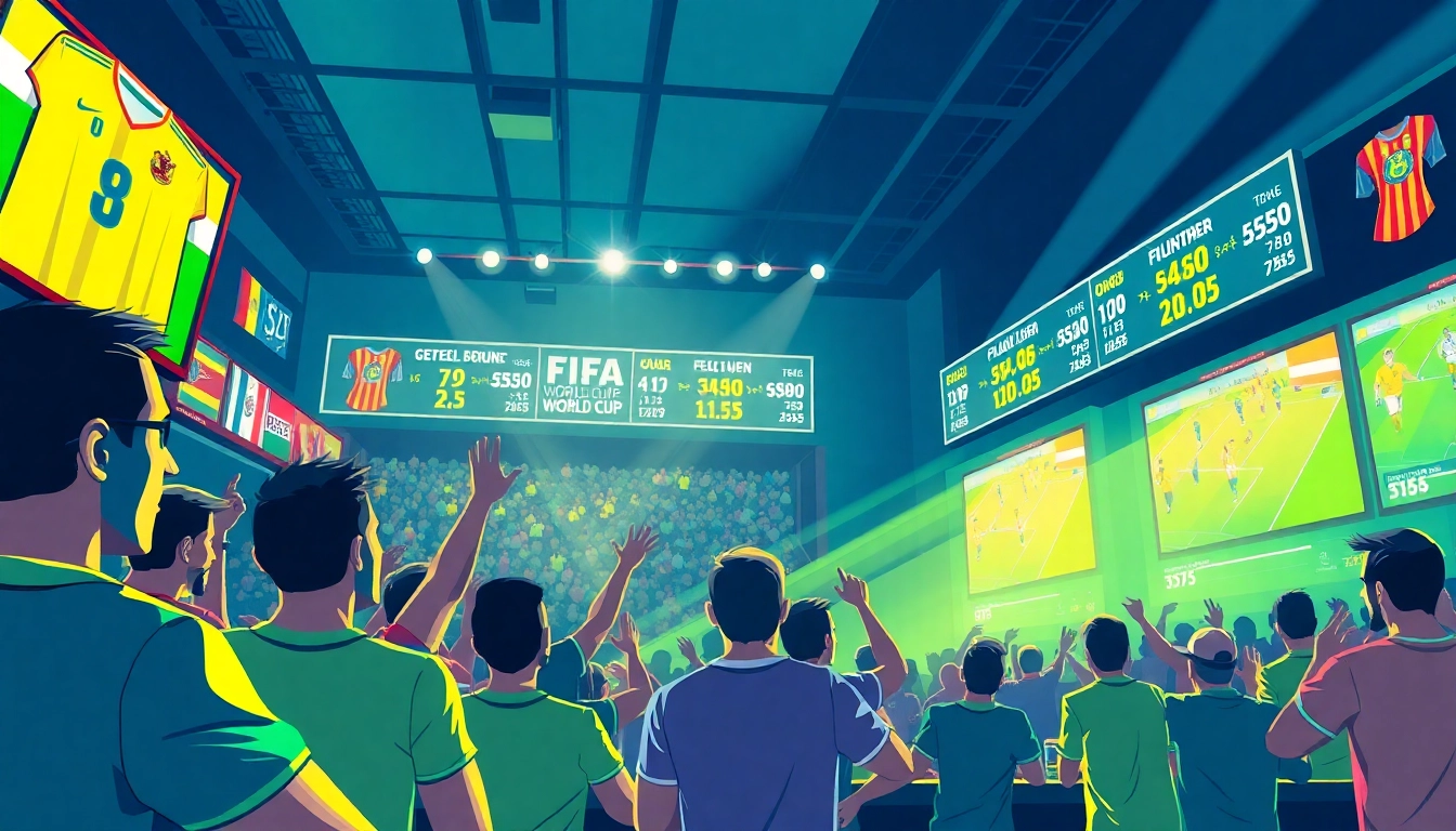 Engaged fans participating in FIFA World Cup betting amidst an exciting sports atmosphere.