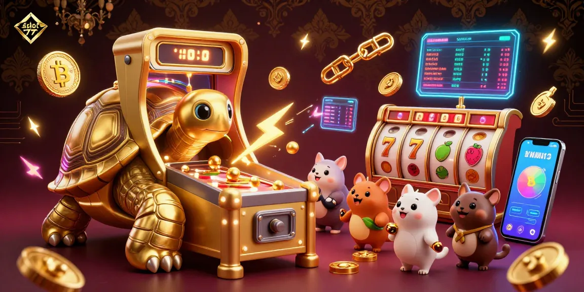 Experience the excitement of slot 777 with vibrant golden tortoise and jackpot elements in this fun scene.