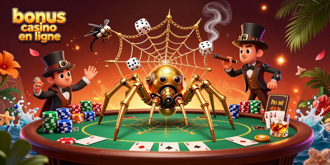 Image illustrant le concept de bonus casino en ligne avec une araignée steampunk dorée capturant des dés dans sa toile.
