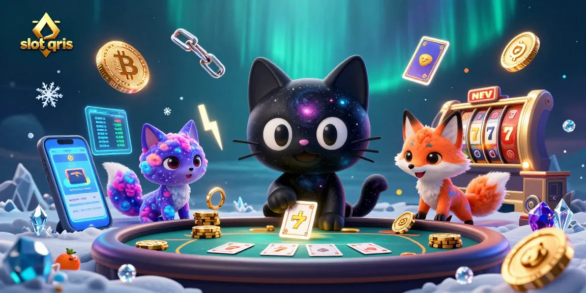 Engage with slot qris in a vibrant cosmic casino scene featuring a black hole cat and colorful fox.