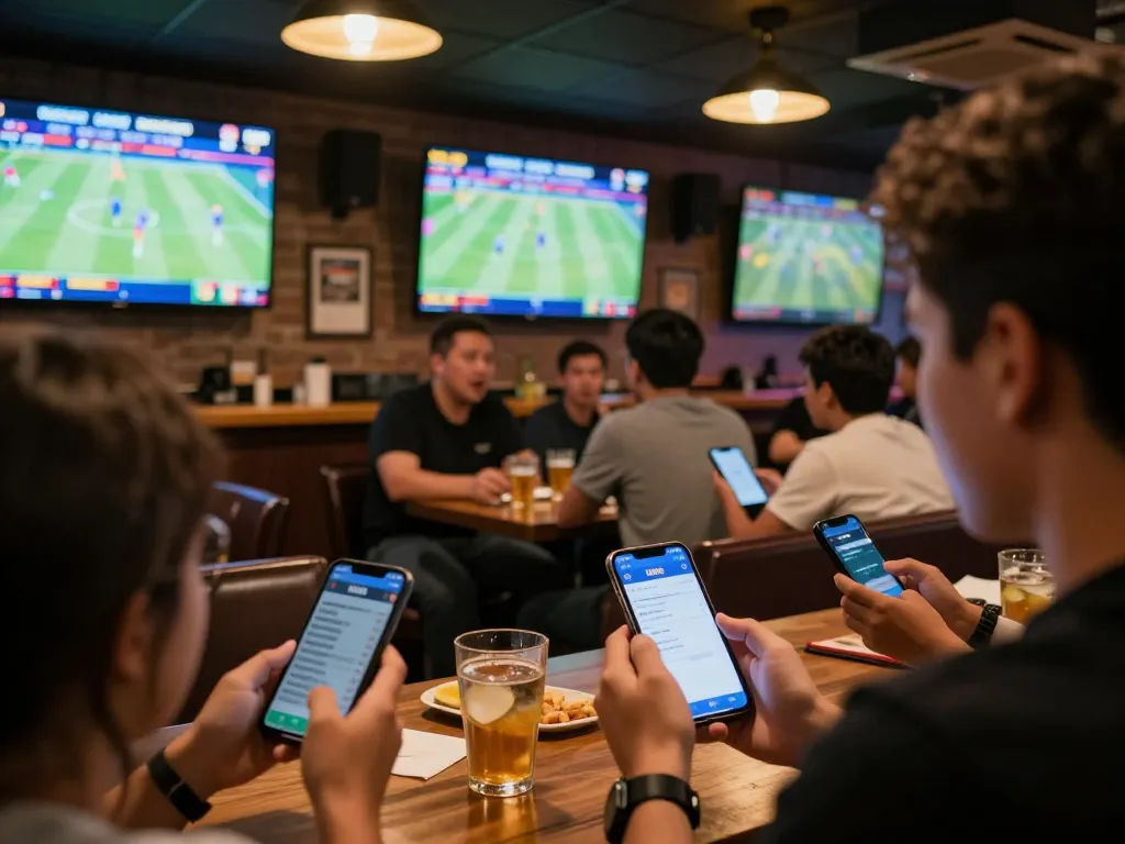 Engaged gamblers placing bets on MB88 sports app during live match in exciting venue.