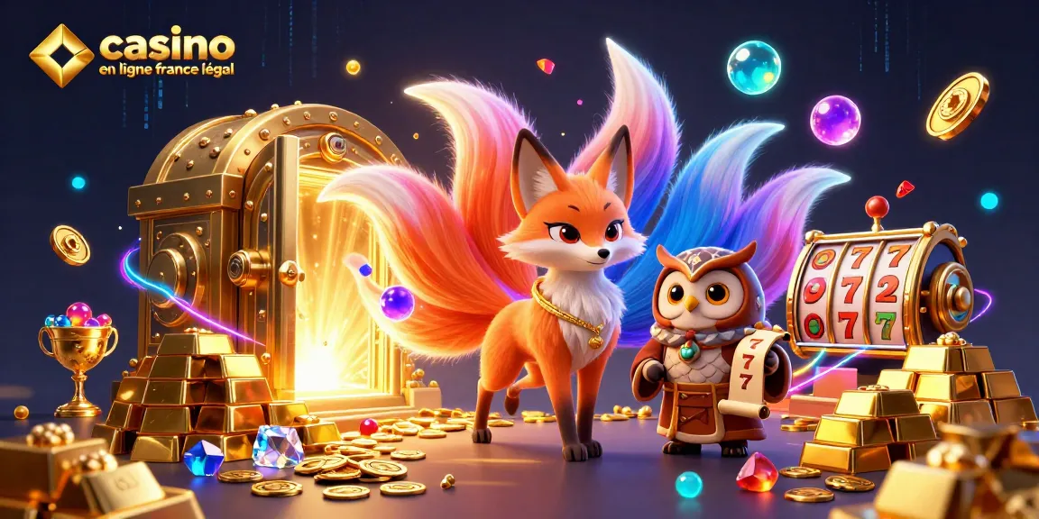Illustration captivante de casino en ligne france légal avec un renard à neuf queues et des éléments de jeux de hasard.