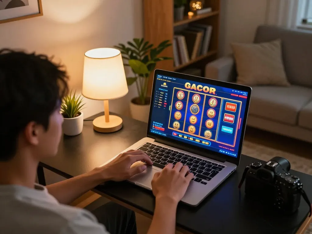 Terlibat dalam permainan slot gacor di laptop dalam suasana rumah yang nyaman, menampilkan kemenangan dan grafik yang cerah.