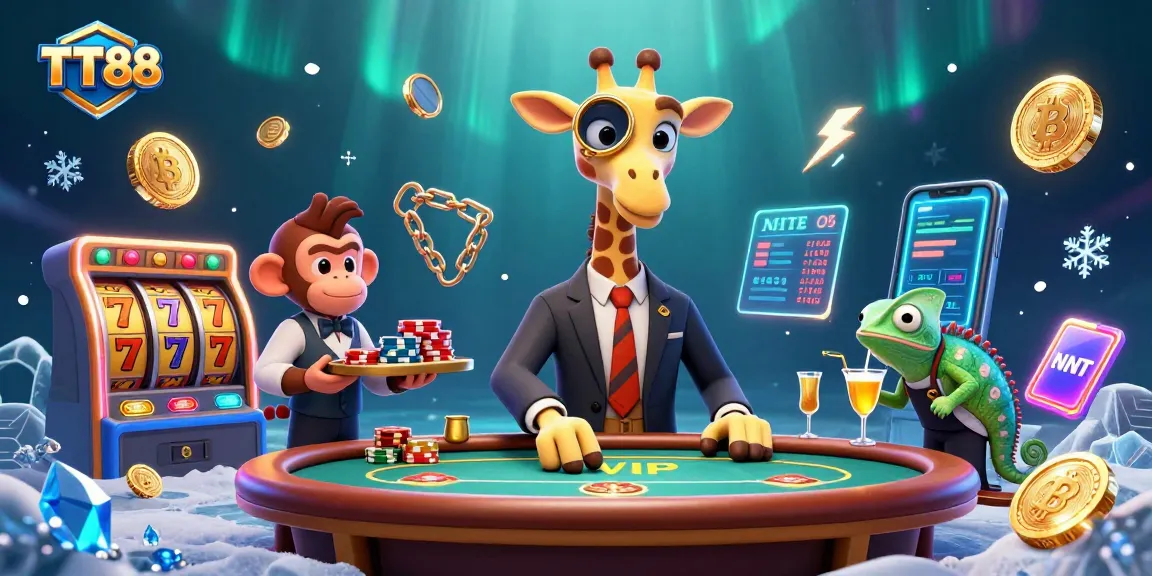 TT88's high-roller giraffe at a VIP poker table surrounded by gambling elements showcasing exciting gameplay.