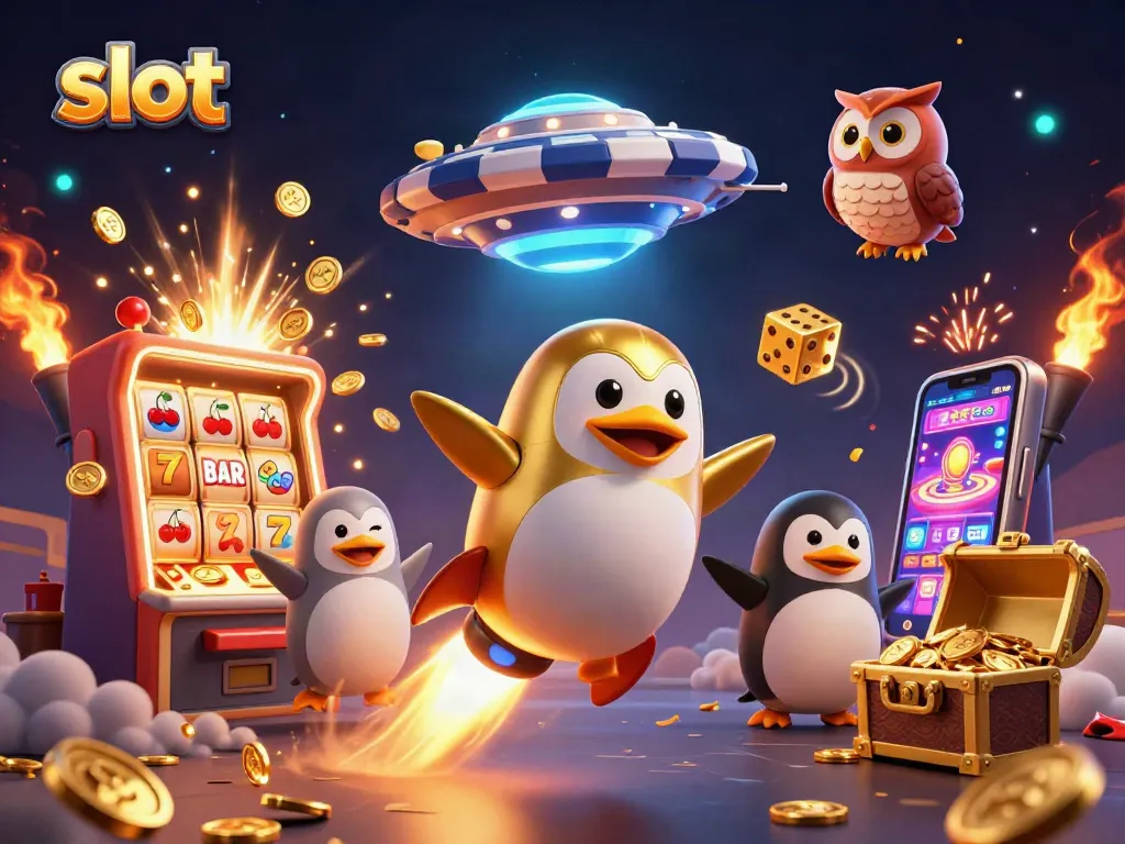 Experience thrilling slots excitement with a penguin rocket soaring at a casino station.