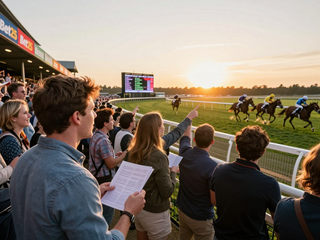 Racetrack med travtips og betting entusiaster under et hestevæddeløb.