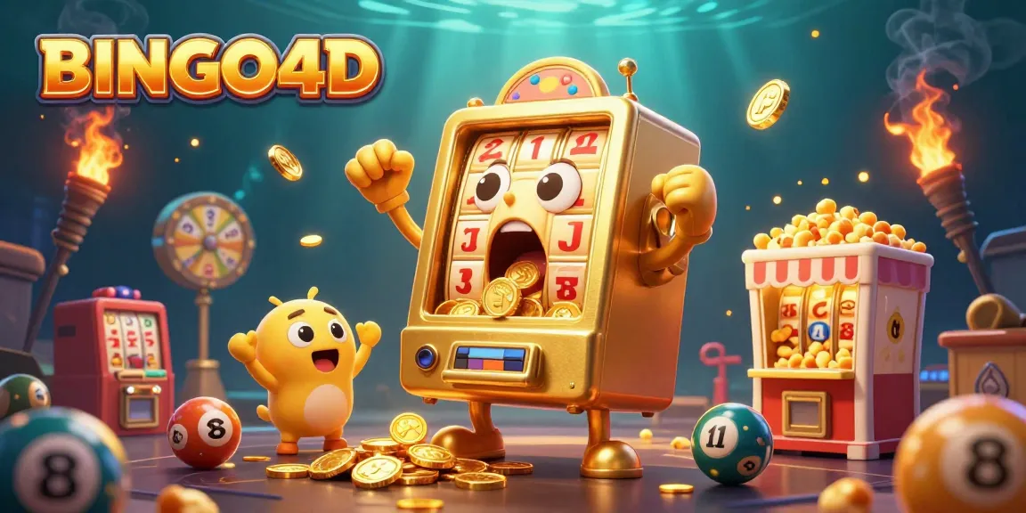 Slot online BINGO4D memperlihatkan mesin slot yang berhasil jackpot dengan koin bertebaran.