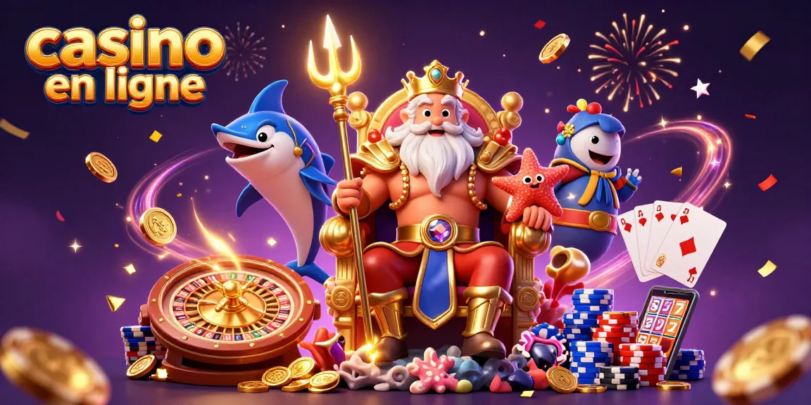 Jouer au casino en ligne avec le roi Neptune, des pièces d'or et des effets festifs.