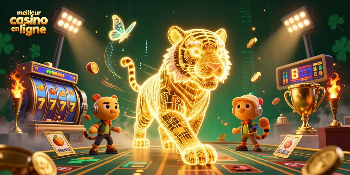 Profitez des offres du meilleur casino en ligne avec un tigre en 3D lumineux et des éléments de jeu captivants.