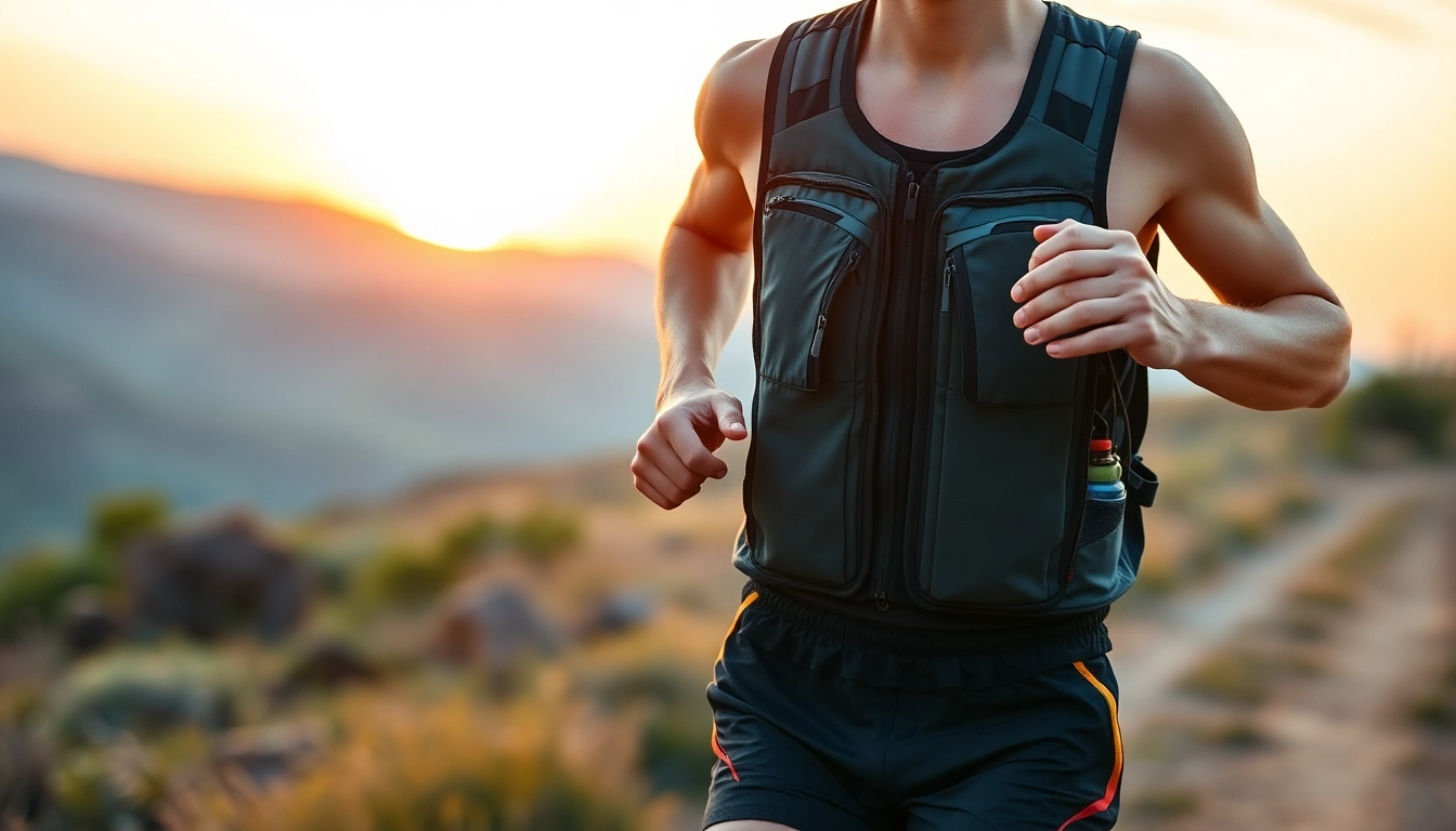 Runner demonstrating hydration vest during a marathon on scenic trail