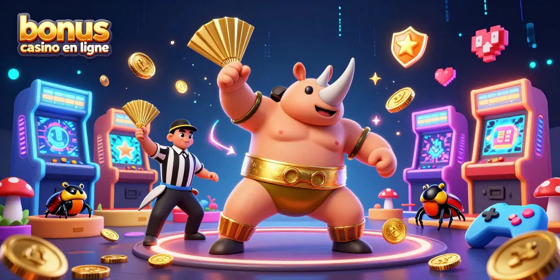 Bonus casino en ligne : animation captivante d'un scarabée sumo frappant des pièces d'or envoyées en l'air.