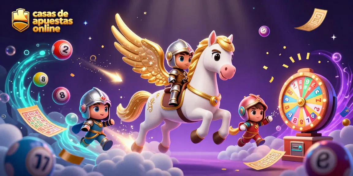 Participa en casas de apuestas online con un caballo celestial que vuela entre bolas de lotería y premios dorados.