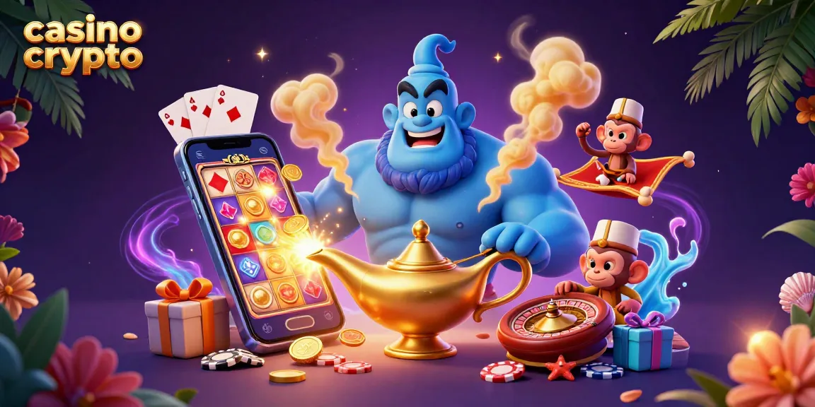 Découvrez des éléments de casino crypto animés avec un génie et un tapis volant vibrants.