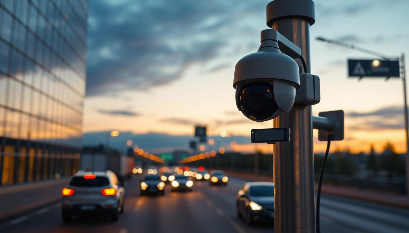 Showcasing a license plate recognition camera in an urban setting capturing vehicle details.