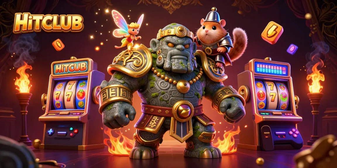 Experience HITCLUB's vibrant casino adventure with enchanting characters around exciting slot machines.