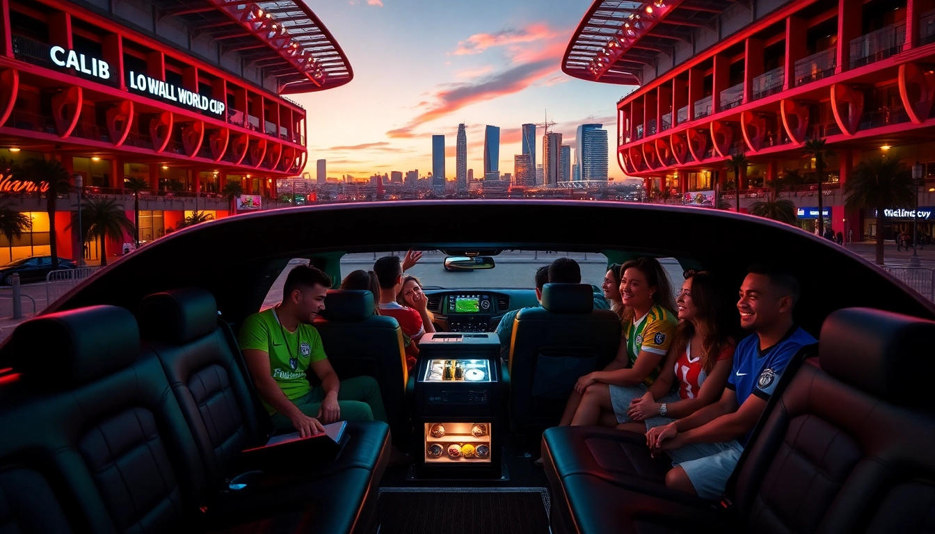 World Cup Group Transportation with luxury limousine and excited fans in Los Angeles.