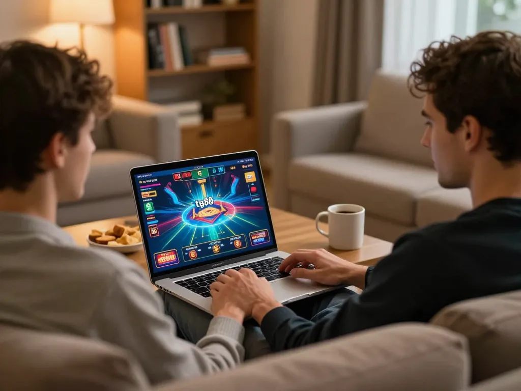 Engaging with tg88 game interface during a cozy home online casino session.