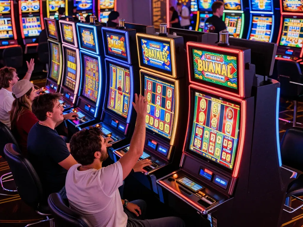 Players enjoying slot gacor machines while celebrating big wins in a lively casino atmosphere