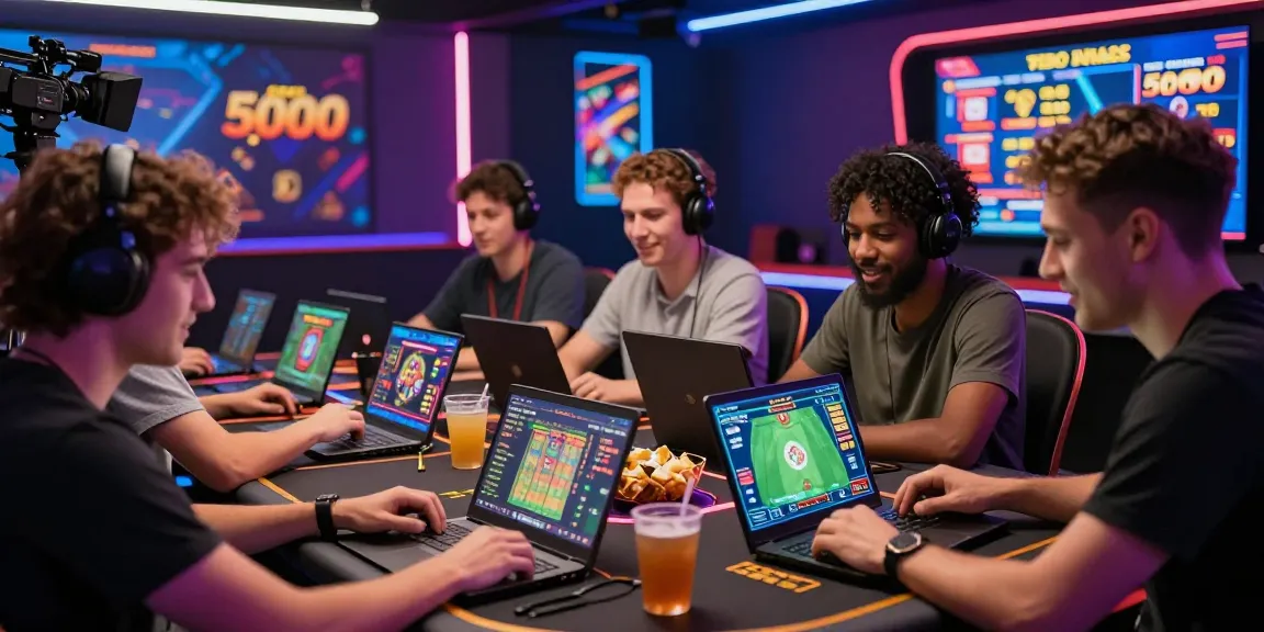 Friends enjoying slot depo 5000 games in a vibrant online casino setting.