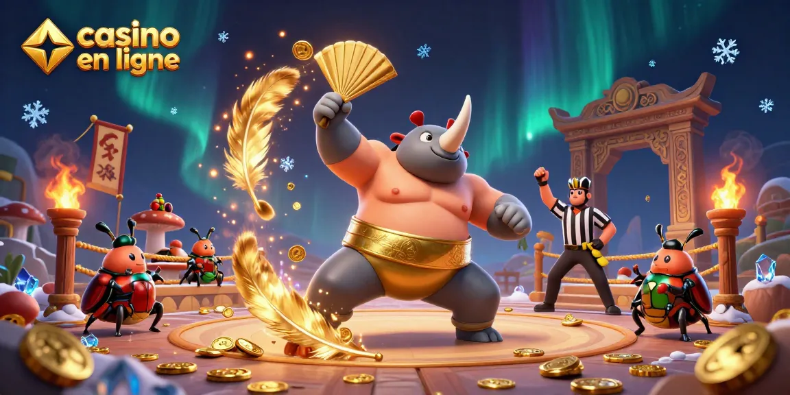 Illustration dynamique montrant un champion sumo insecte, crachant des pièces d'or dans un casino en ligne.