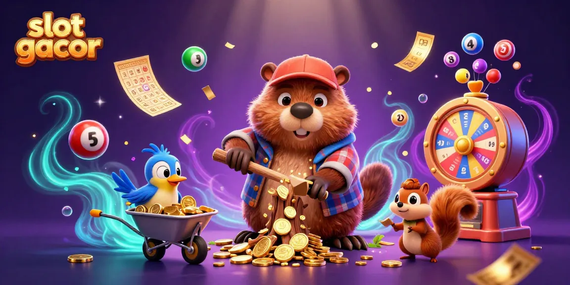 Experience slot gacor as a beaver gathers coins, bird and squirrel assist in fun illustration.