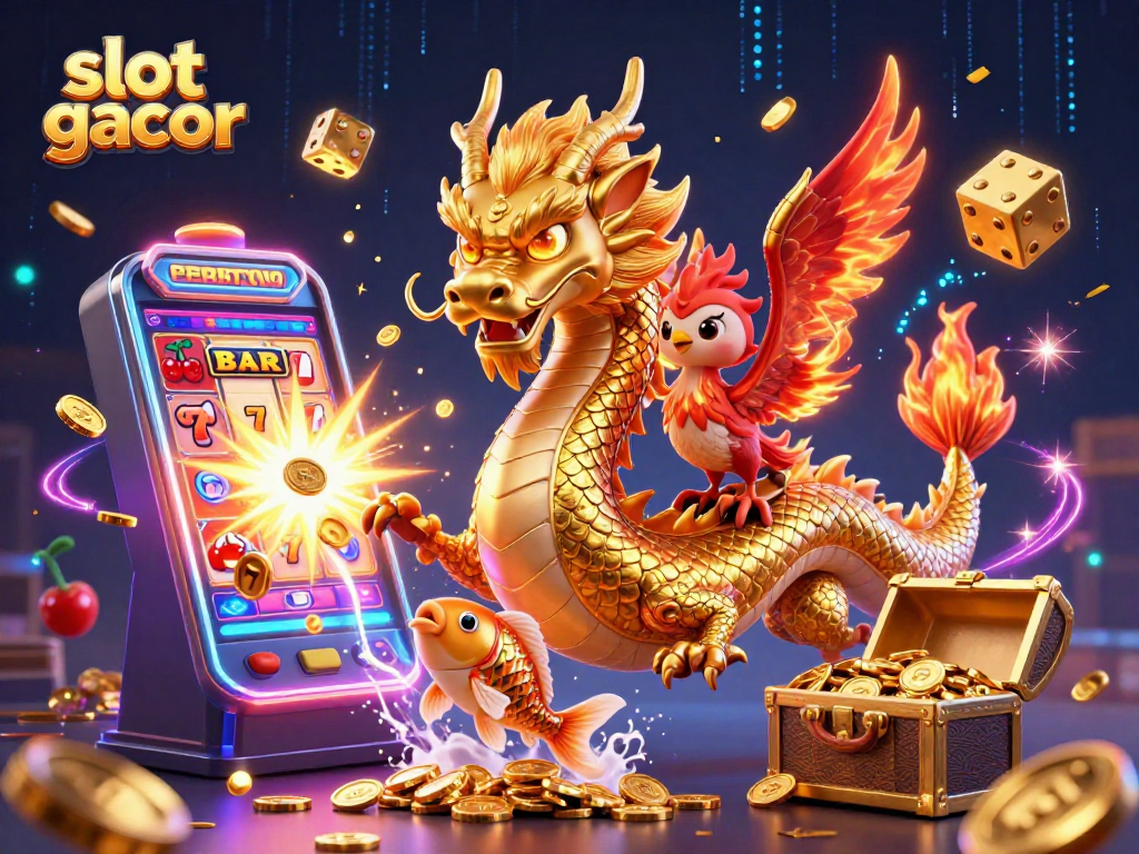 Spin to win with slot gacor featuring dynamic dragon, phoenix, and koi in a vibrant jackpot scene.