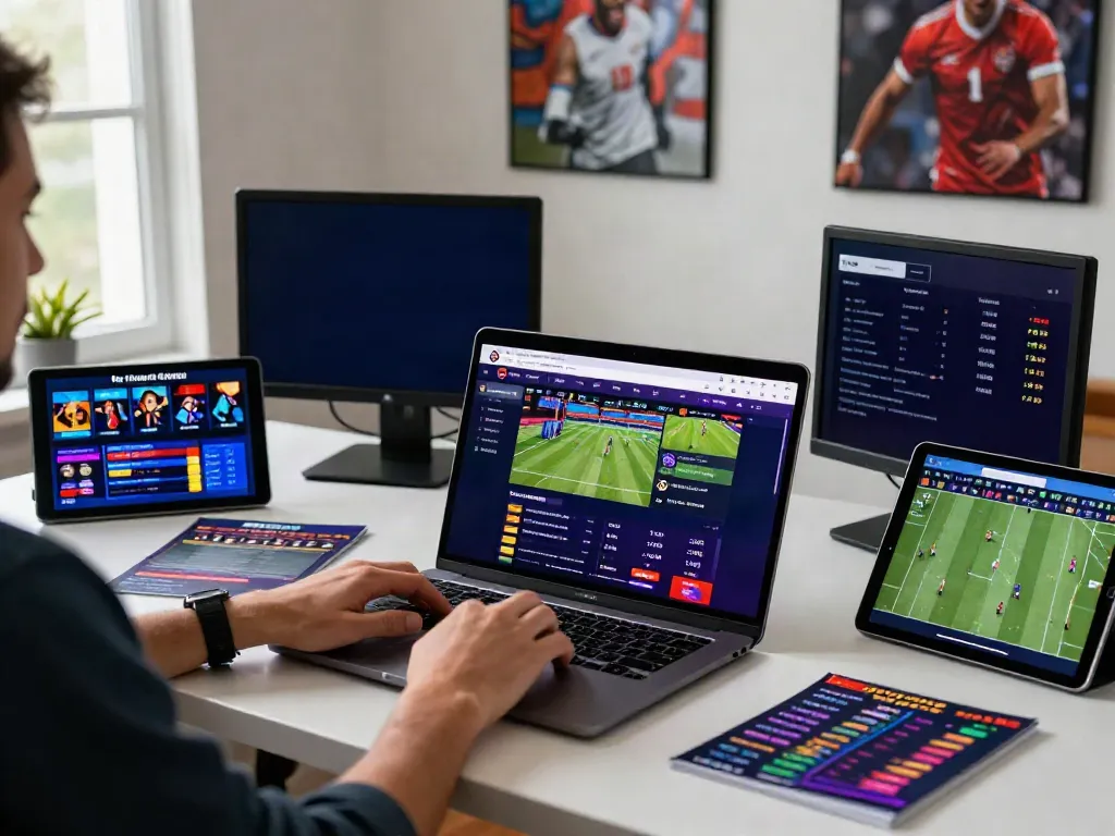 Totobet, suasana modern perjudian online dengan laptop dan memorabilia olahraga
