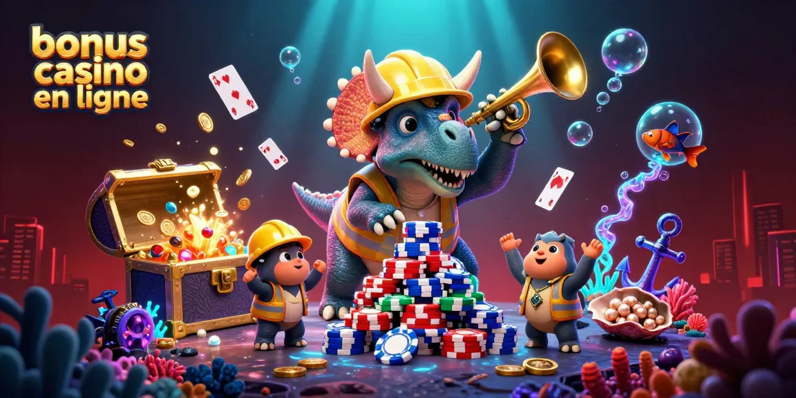 Bonus casino en ligne : triceratops en train de construire une pyramide de jetons de poker sous l'eau.