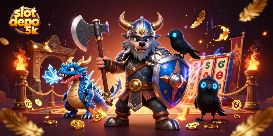 Engage with slot depo 5k through a vibrant 3D scene showcasing a Viking wolf warrior, dragon, and raven amidst slot elements.