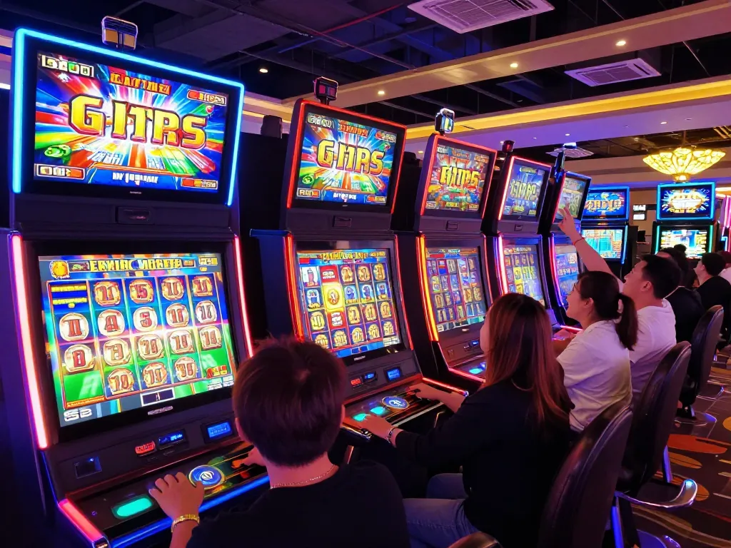 Players enjoying slot depo 10k at colorful machines, celebrating wins in a lively casino atmosphere.