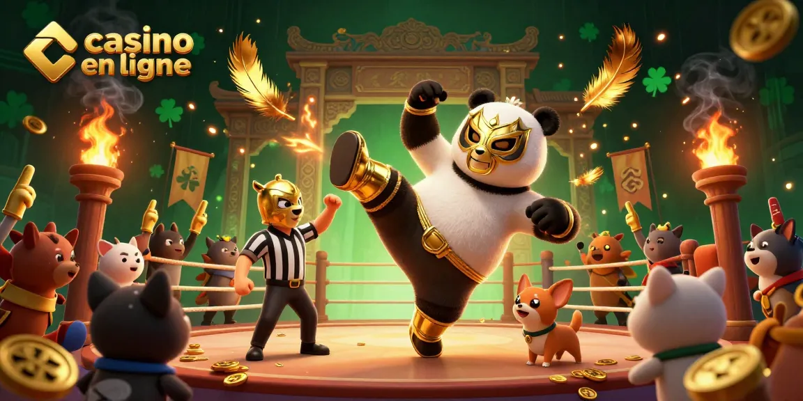 Jouez dans un casino en ligne avec ambiance festive, panda luchador et pièces d'or dispersées.