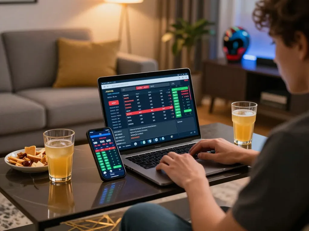 Engaging with live sports betting on SHBET while enjoying a cozy home setup with snacks.