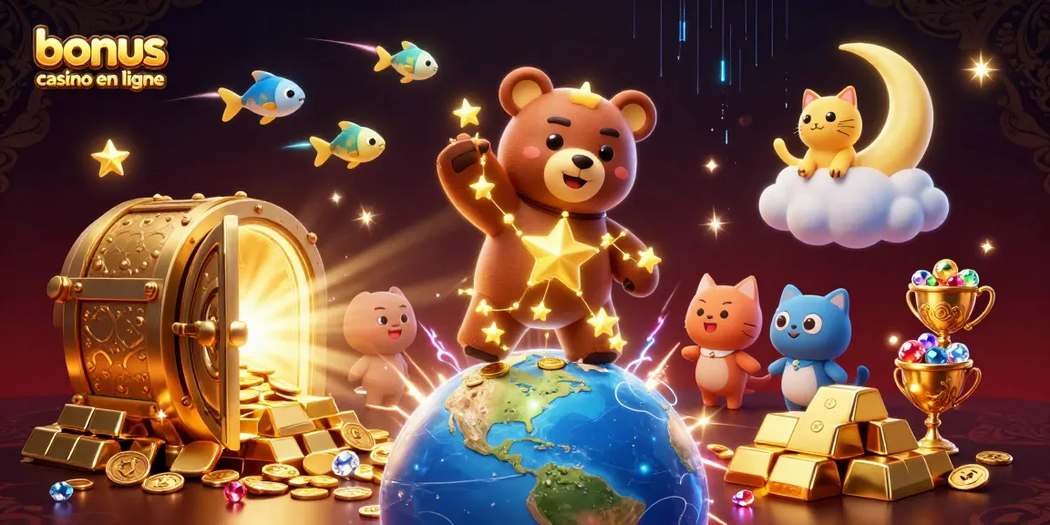 Admirez le spectacle du bonus casino en ligne avec un ours constellation doré à la recherche de pièces d'or.