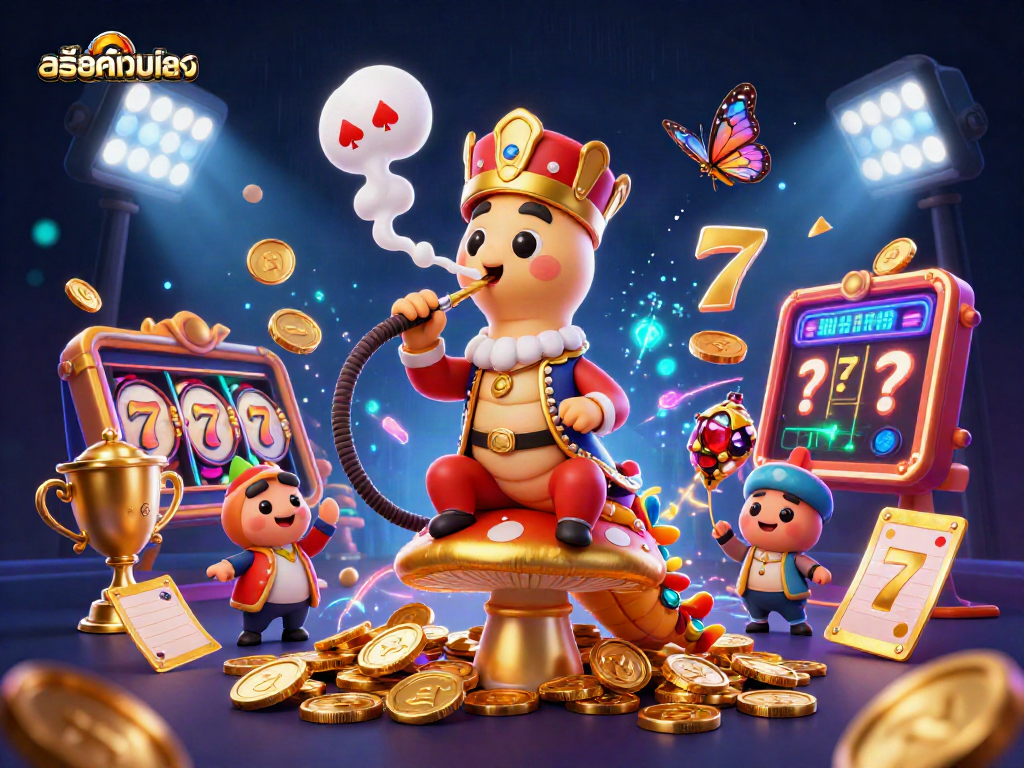 Experience สล็อตเว็บตรง with this vibrant, dynamic casino scene showcasing 3D characters and slot elements.