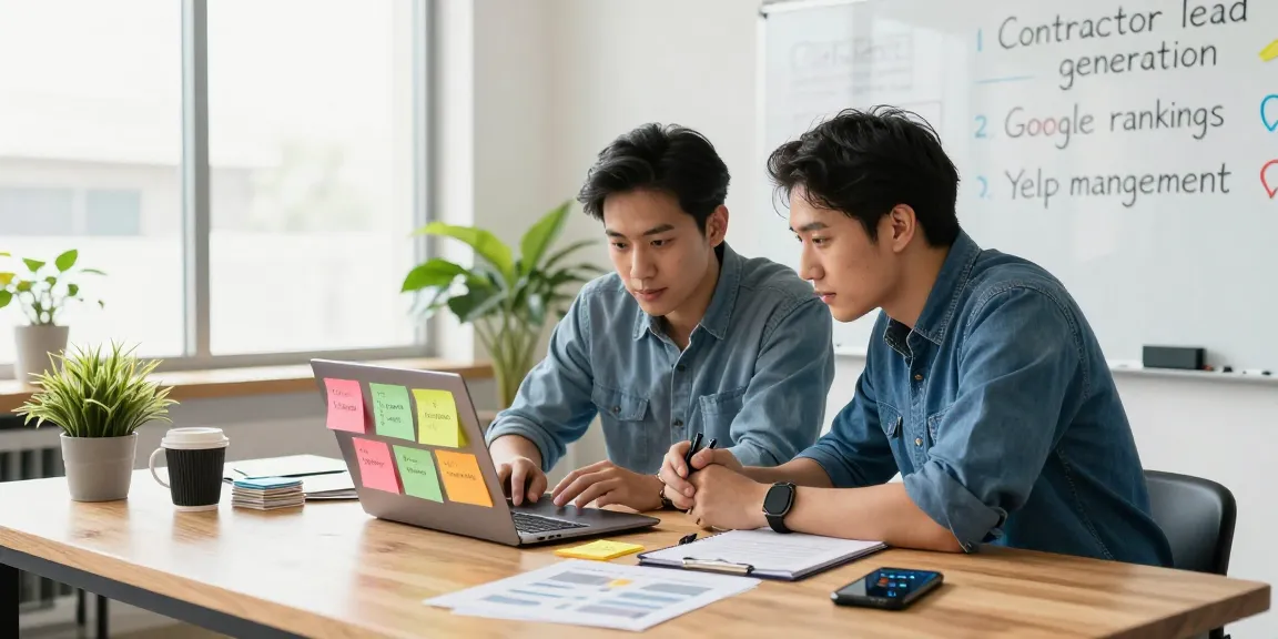 Team brainstorming contractor lead generation strategies in a bright office.