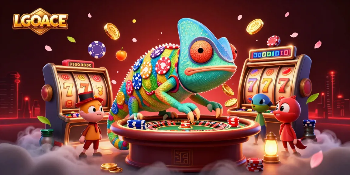 LGOACE showcases a vibrant 3D illustration featuring a chameleon casino owner amidst dynamic slot reels and golden coins.