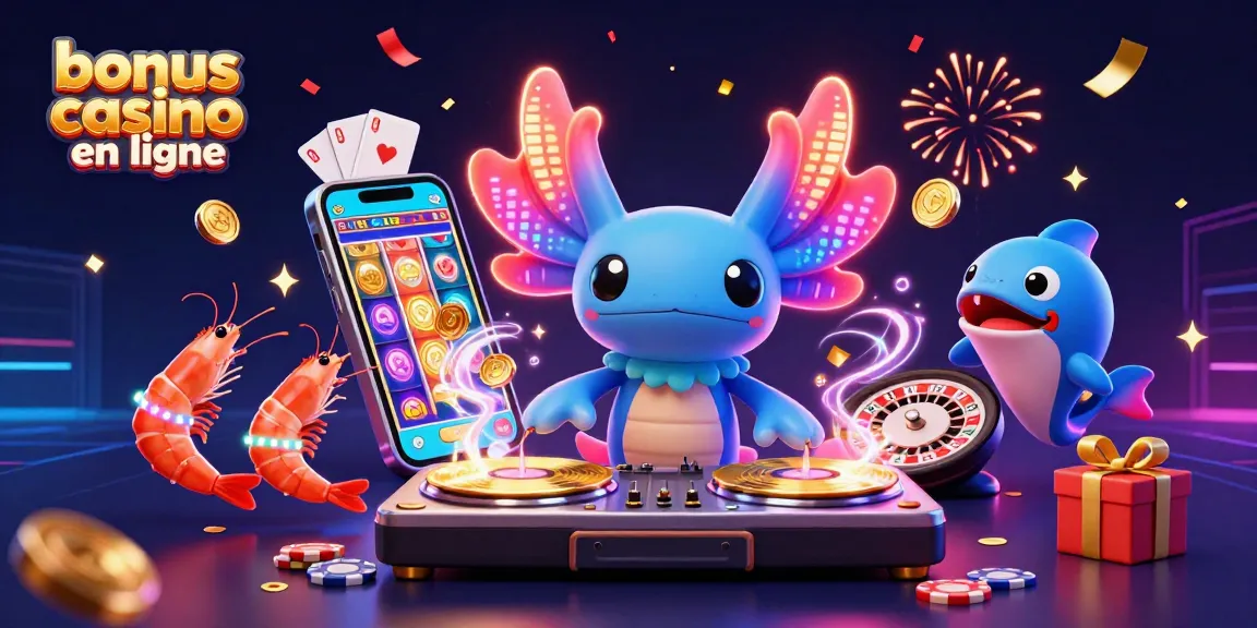 Bonus casino en ligne : illustration dynamique d'un DJ axolotl et des personnages de casino dans une scène festive.