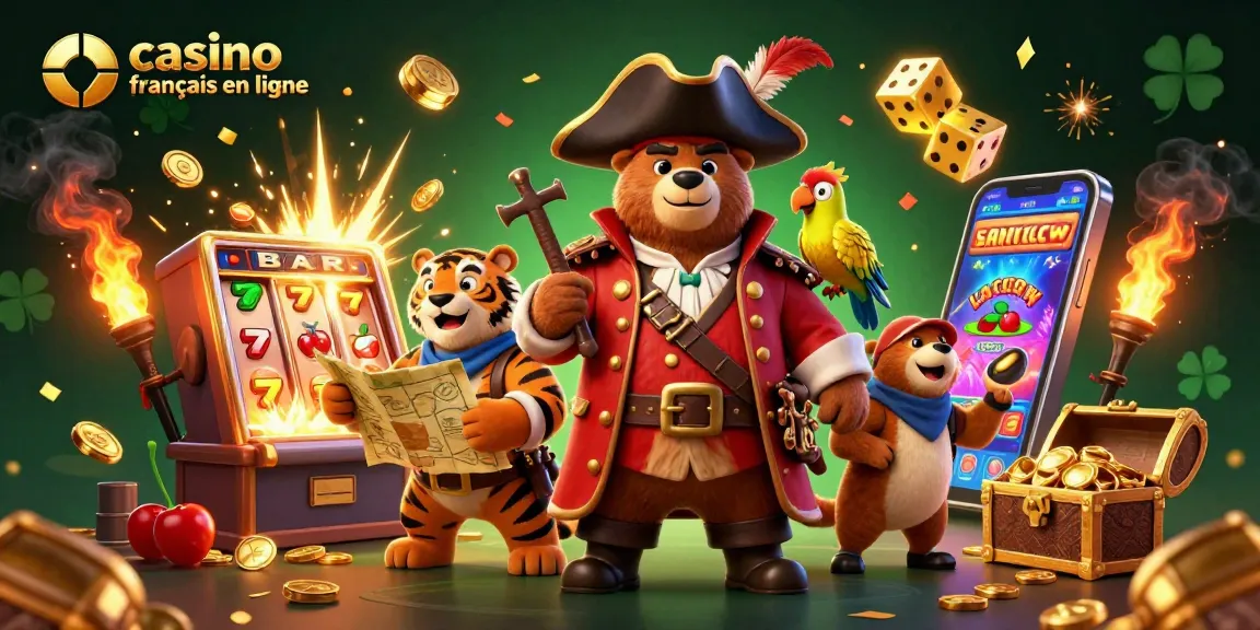 Illustration d'un casino français en ligne animé par un ours pirate avec un tigre et un perroquet, entourés de machines à sous.
