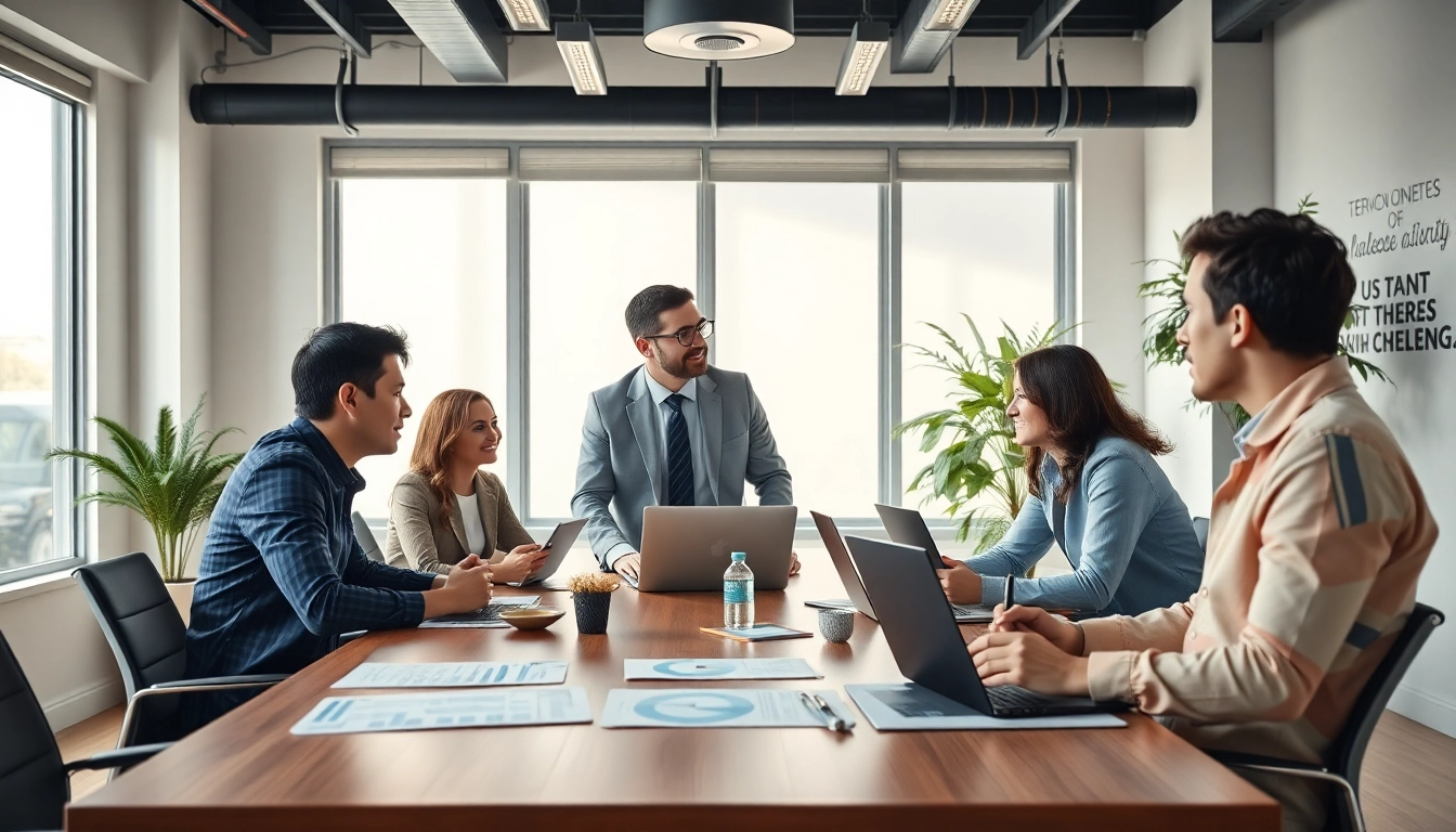 Engaging business coach California guiding a team through strategy in a modern office.