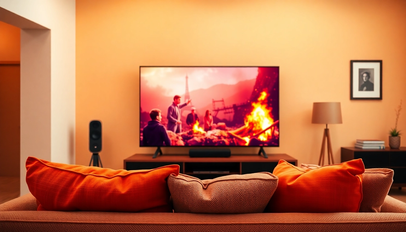 Watch TV series online free in a cozy living room with beautiful decor and a large TV.
