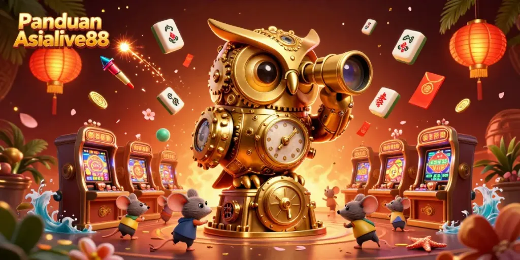 Engage with Panduan Asialive88 through a vibrant casino scene featuring a golden owl and wind-up mouse patrons.