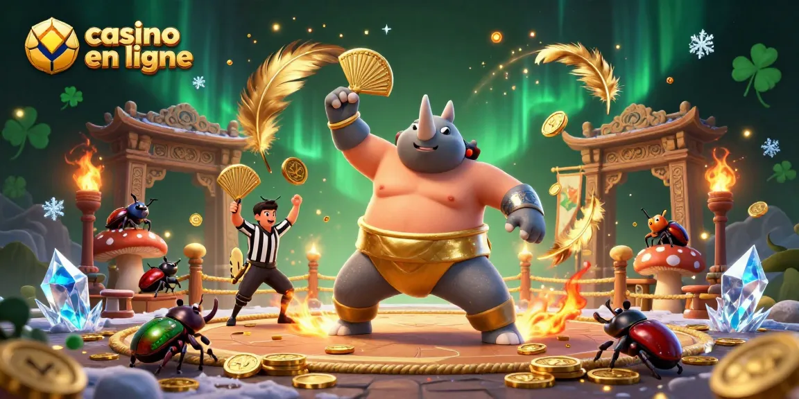 Illustration colorée d'un champion sumo insecte dans un tournoi de casino en ligne avec des pièces d'or.