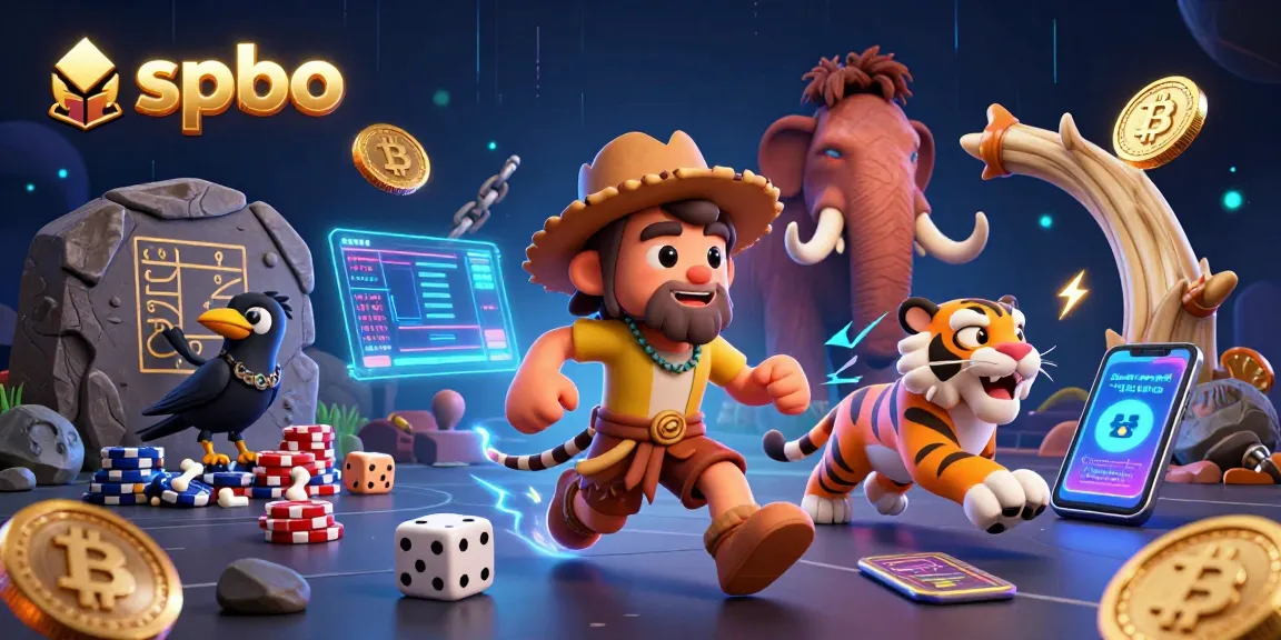 spbo showcases a lively prehistoric casino with Bitcoin and Ethereum elements, featuring a caveman duo and a clever crow.