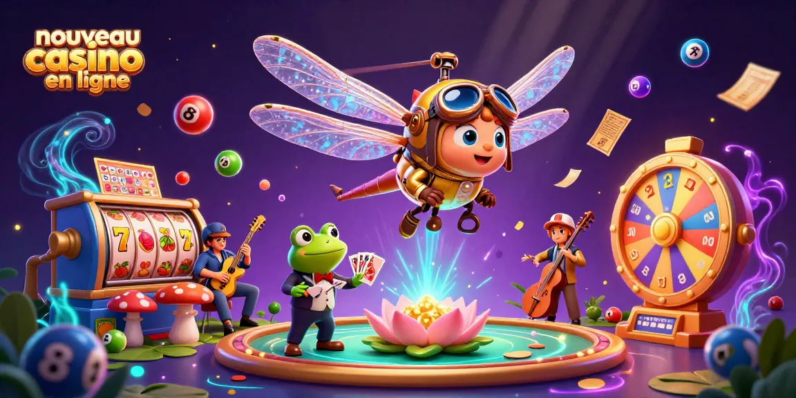 Vivez l'excitation du nouveau casino en ligne avec un pilote libellule cartoon, un croupier grenouille et une ambiance de jeu dynamique.