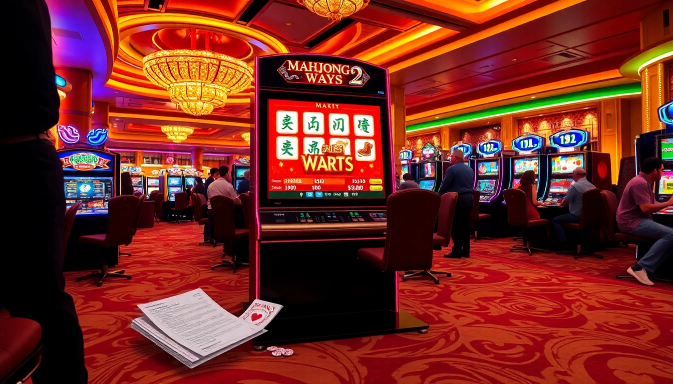 Engage with Mahjong Ways 2 at a vibrant casino, featuring an exciting slot machine setup surrounded by poker chips and a betting slip.