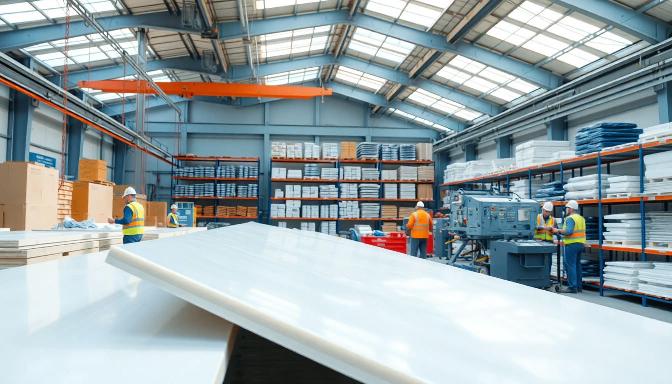 GRP Manufacturer production line demonstrating composite creation processes with workers engaged.