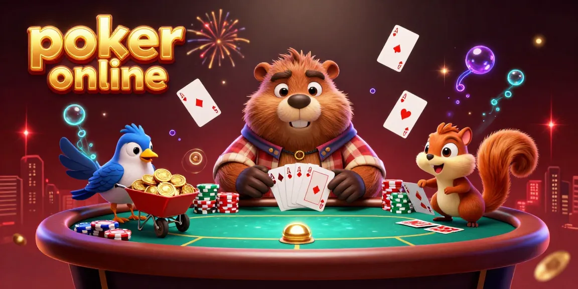 Joue au poker en ligne avec le castor et ses amis, collectionnant des jetons autour d'une table de poker.