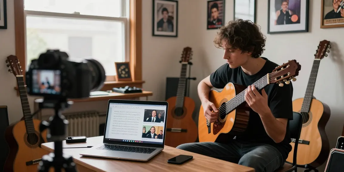 Private classical guitar lessons with a certified instructor in a cozy home studio setting.